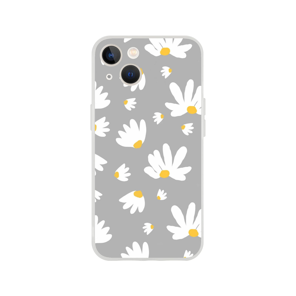 Ditsy Daisy iPhone Case (13-16): gray with white daisies and yellow centers, floral aesthetic.