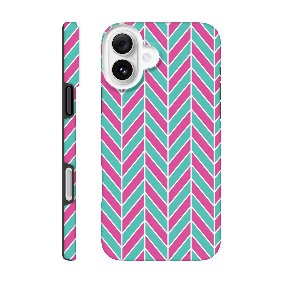Pink and turquoise herringbone iPhone case with geometric chevron pattern. Dual-layer tough cover with shock-absorbing TPU design for iPhone 13-16.