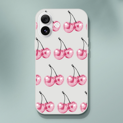 Slim clear iPhone case with glitter ball cherries pattern for 13-16, frosty transparent, impact resistant.
