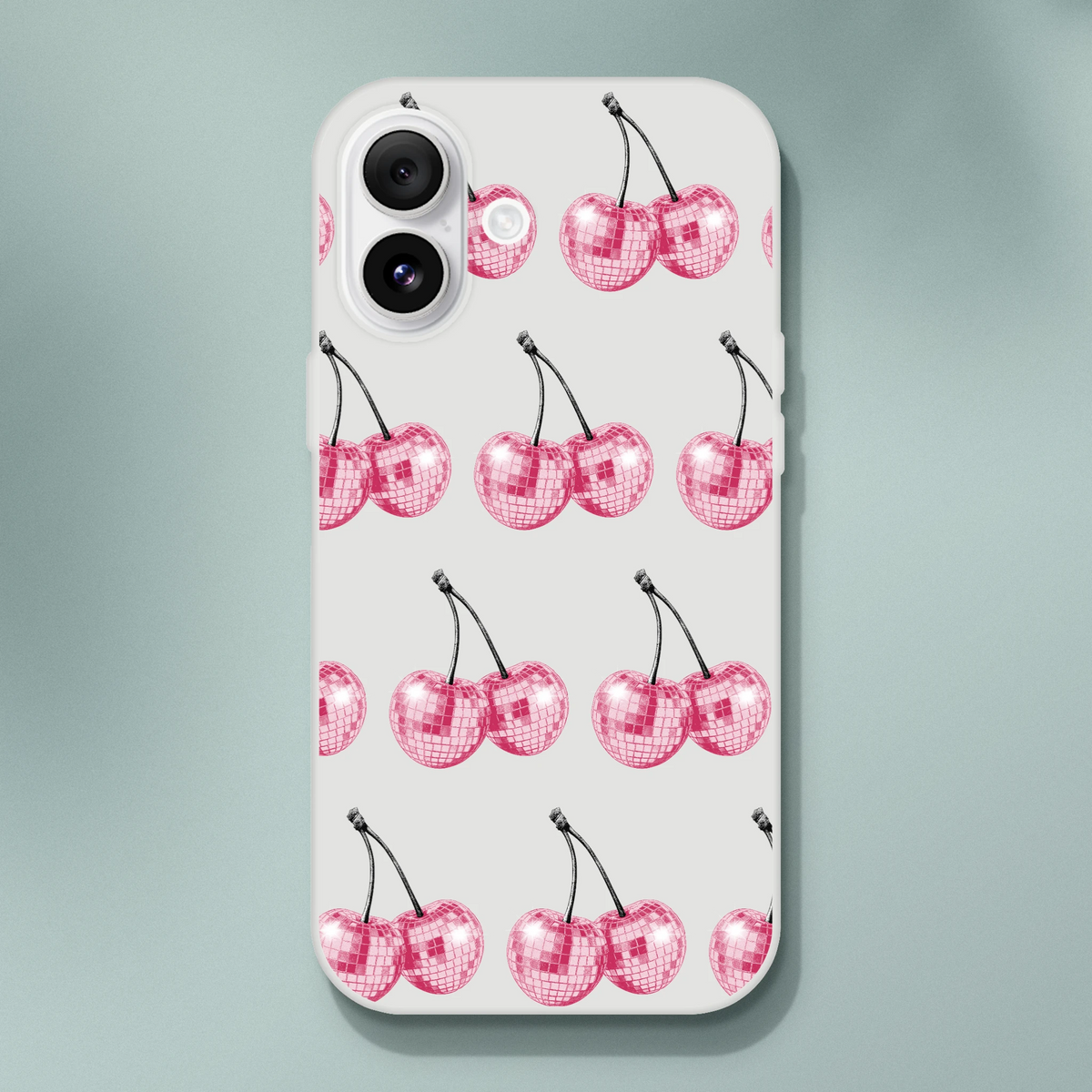 Slim clear iPhone case with glitter ball cherries pattern for 13-16, frosty transparent, impact resistant.