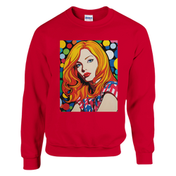 Red retro pop-art sweatshirt featuring a vibrant colorful comic-style portrait of a woman.