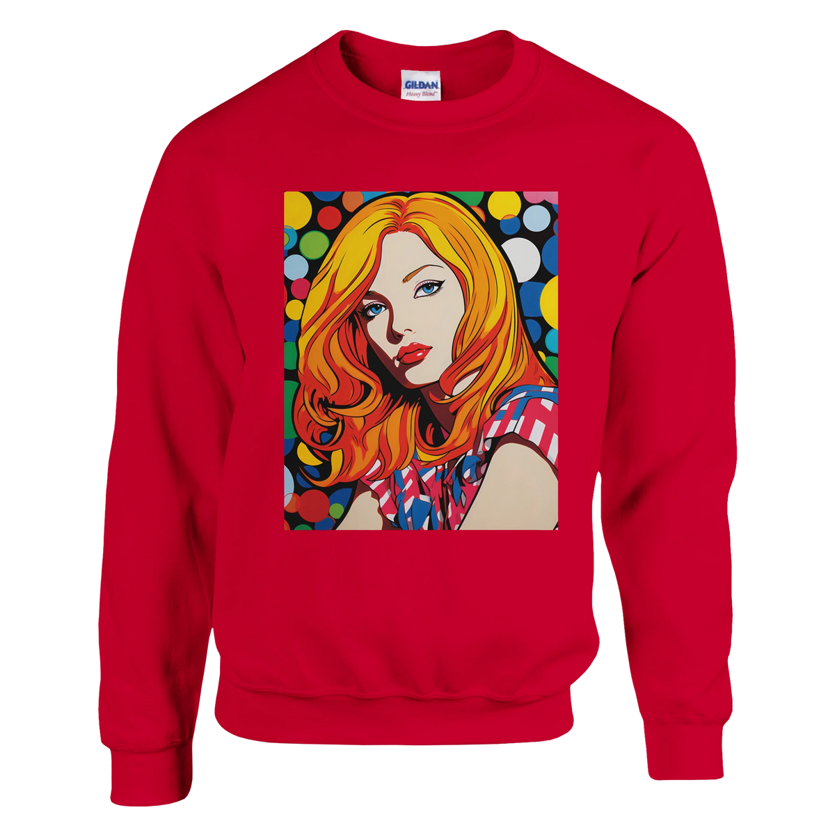 Red retro pop-art sweatshirt featuring a vibrant colorful comic-style portrait of a woman.