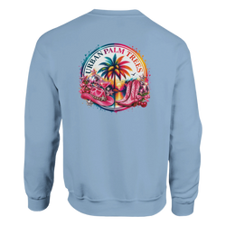 Light blue sweatshirt back featuring retro tropical graphic with pink boots, cowboy hat, palm tree, and disco balls.