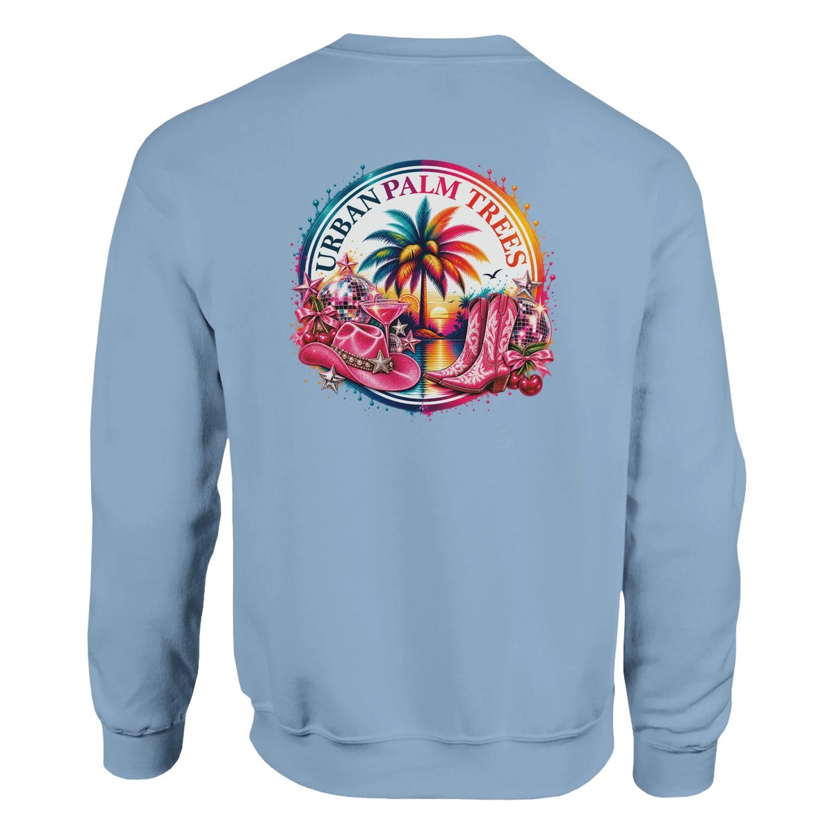 Light blue sweatshirt back featuring retro tropical graphic with pink boots, cowboy hat, palm tree, and disco balls.