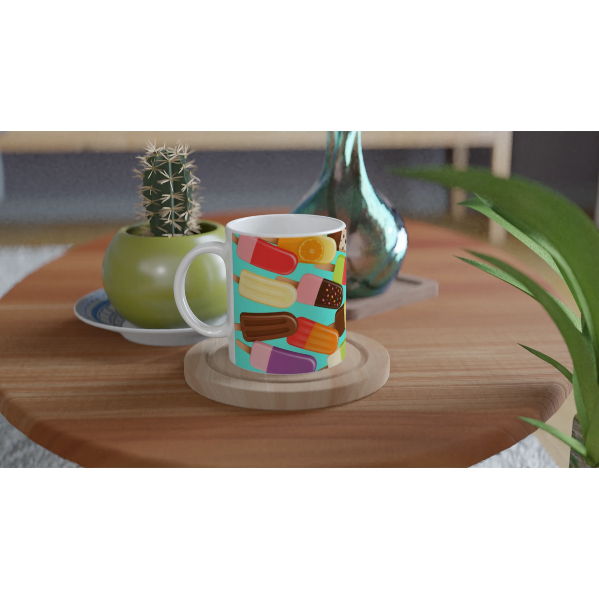 Retro popsicle pattern ceramic mug on wooden coaster. Colourful summer ice lolly coffee cup with vibrant frozen treats design.