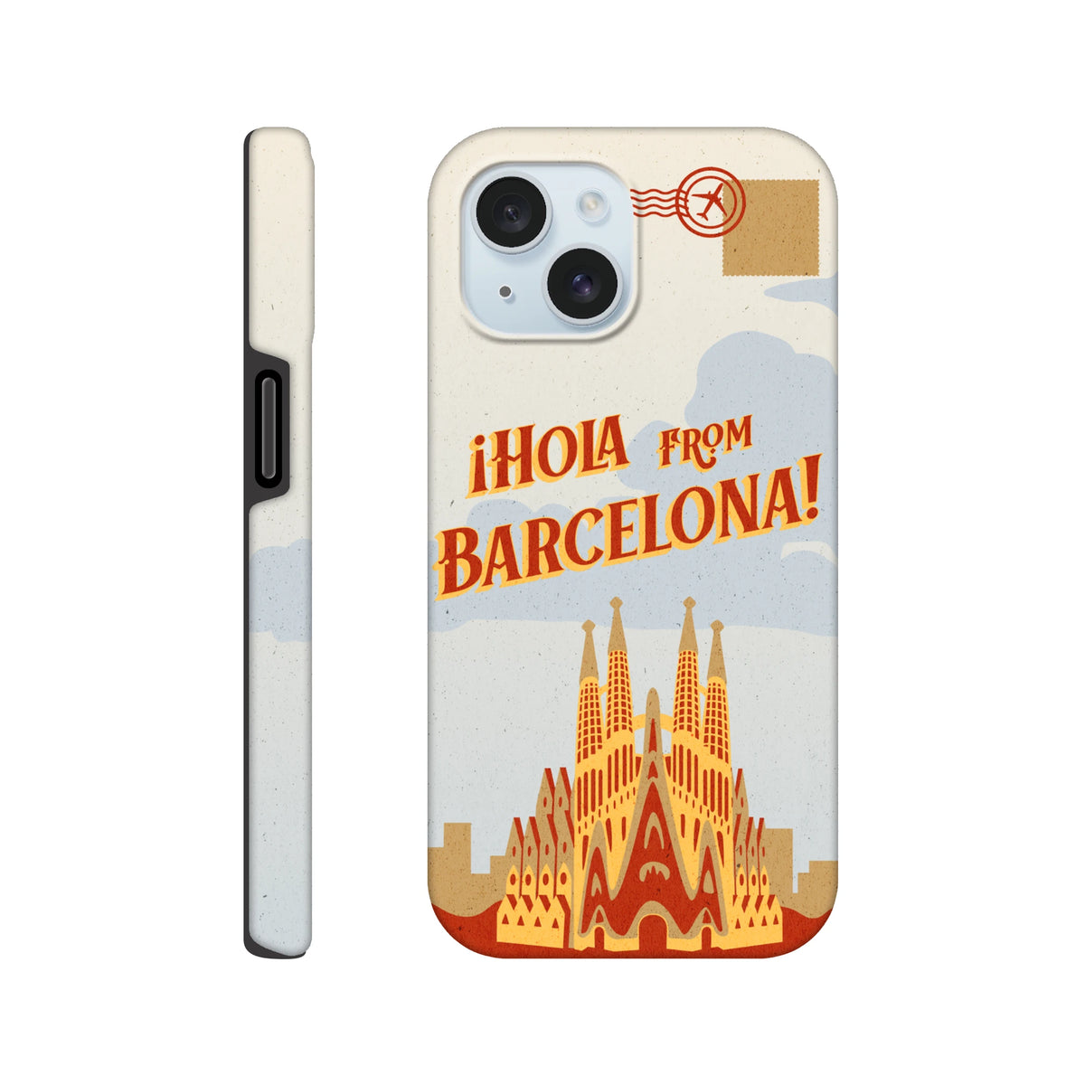 Barcelona Travel Postcard Tough iPhone Case for iPhone 13-16 with wraparound postcard print, Spain.
