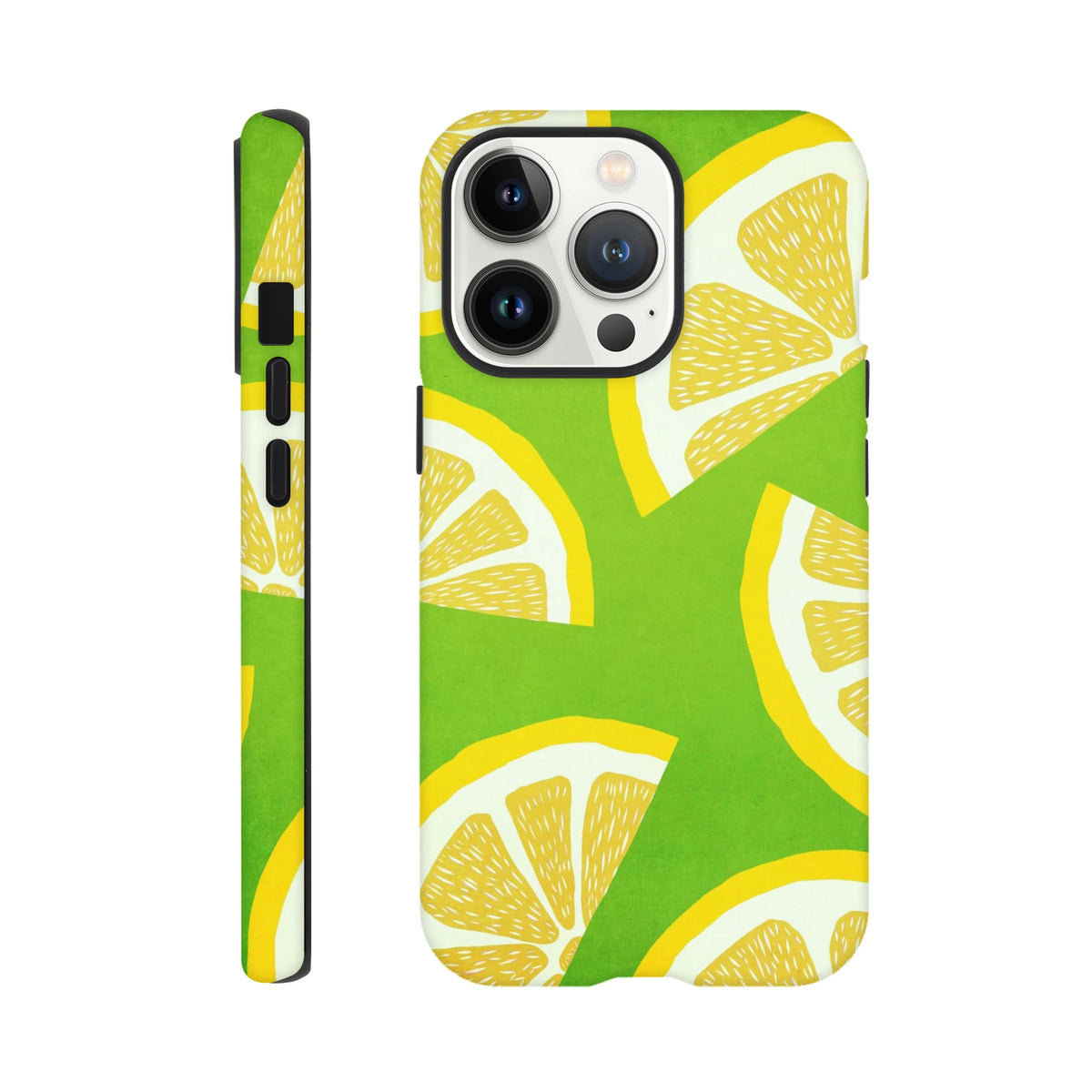 Green iPhone case featuring a bold yellow lemon slice pattern. Shock-absorbing citrus fruit phone cover for urban protection and street style.