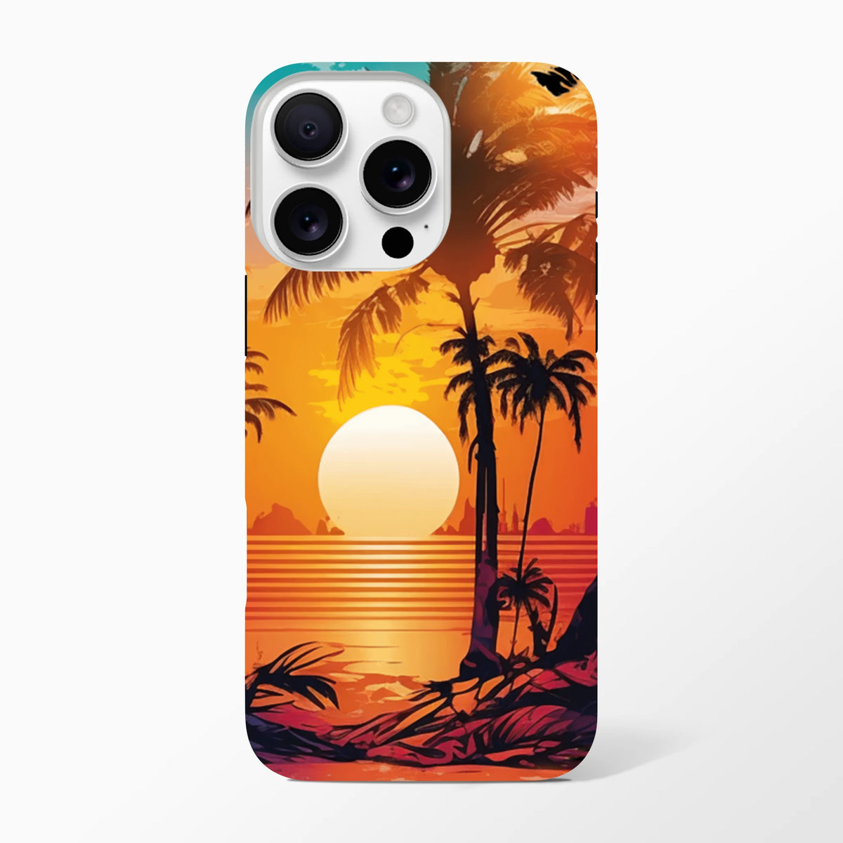 Retro tropical sunset iPhone case featuring palm tree silhouettes against a vibrant orange ocean horizon and glowing sun.