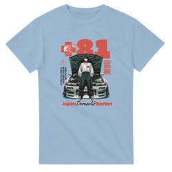 Light blue JDM streetwear tee featuring a retro graphic of an anime girl in front of a modified car with a turbo and "+81" text.