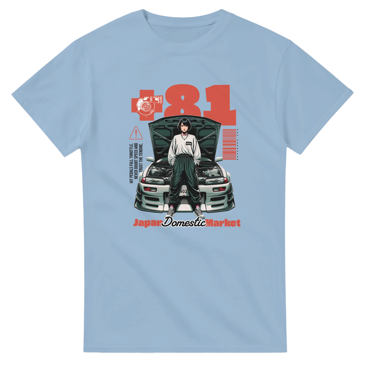 Light blue JDM streetwear tee featuring a retro graphic of an anime girl in front of a modified car with a turbo and "+81" text.