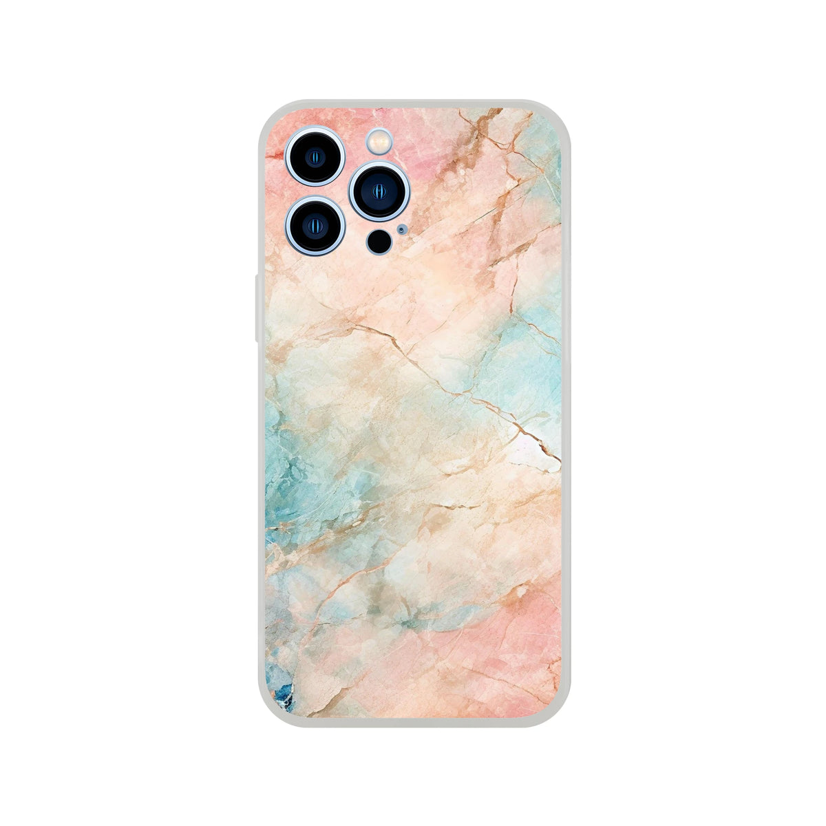 Pastel Marble iPhone case in peach & aqua for iPhone 13–16 with triple-camera cutout and durable, gallery-ready design