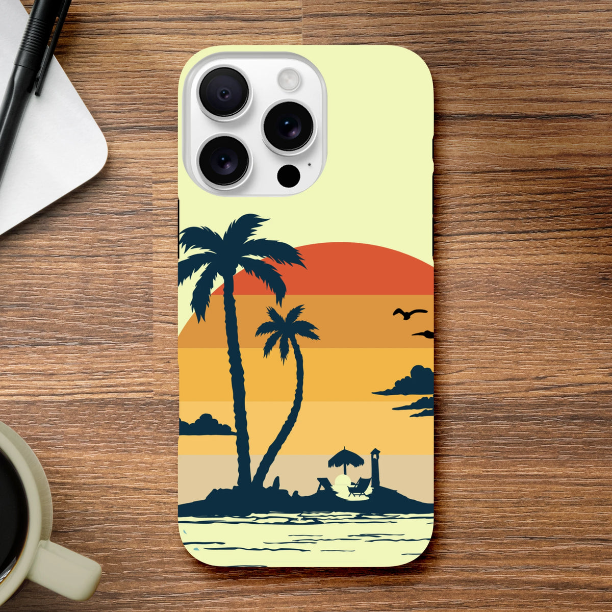 Retro tropical sunset phone case featuring palm tree silhouettes, beach chair, and lighthouse against a layered orange sky.
