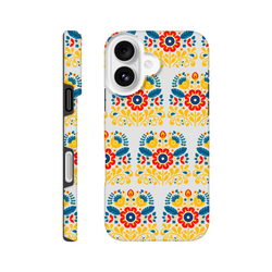 Double-layer floral phone case with glossy finish for iPhone 16-13; wraparound print on back and sides in yellow.