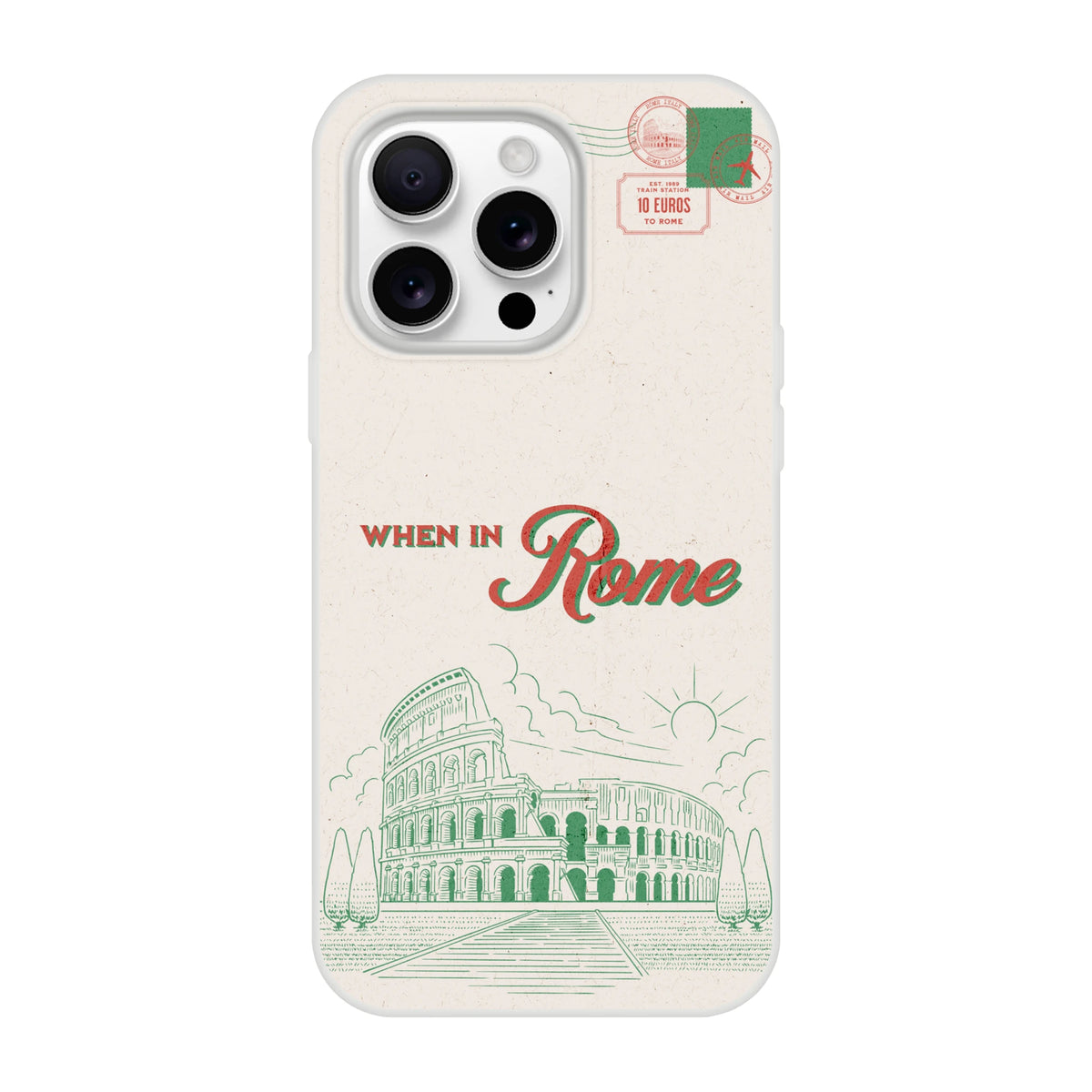 Vintage postcard-style iPhone case with Rome imagery, Colosseum illustration, and 'When in Rome' text.