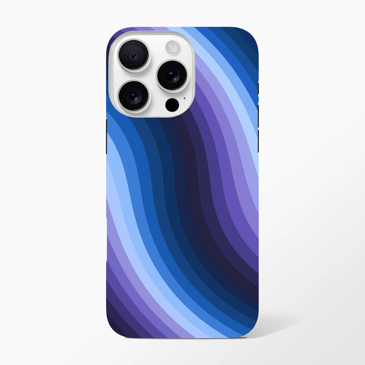 Blue retro wave iPhone case featuring Y2K wavy stripes, reinforced guard rails, and wireless charging compatibility for models 13-16.