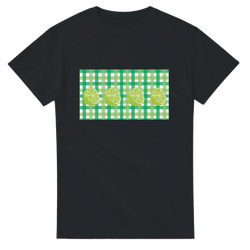 Black T-shirt featuring a lime-green gingham panel with lime slices.
