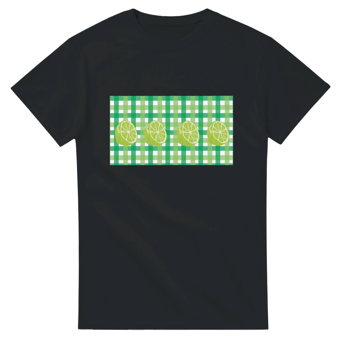Black T-shirt featuring a lime-green gingham panel with lime slices.