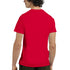 Back view of solid red, short-sleeve men's T-shirt on a model.