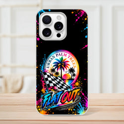 Vibrant Flat Out iPhone case featuring colorful paint splatters, Urban Palm Trees sunset, checkered flag, and bold racetrack typography.