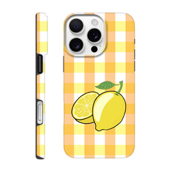 Yellow gingham iPhone case featuring a whole lemon and slice graphic with drop protection for iPhone 13-16 models.