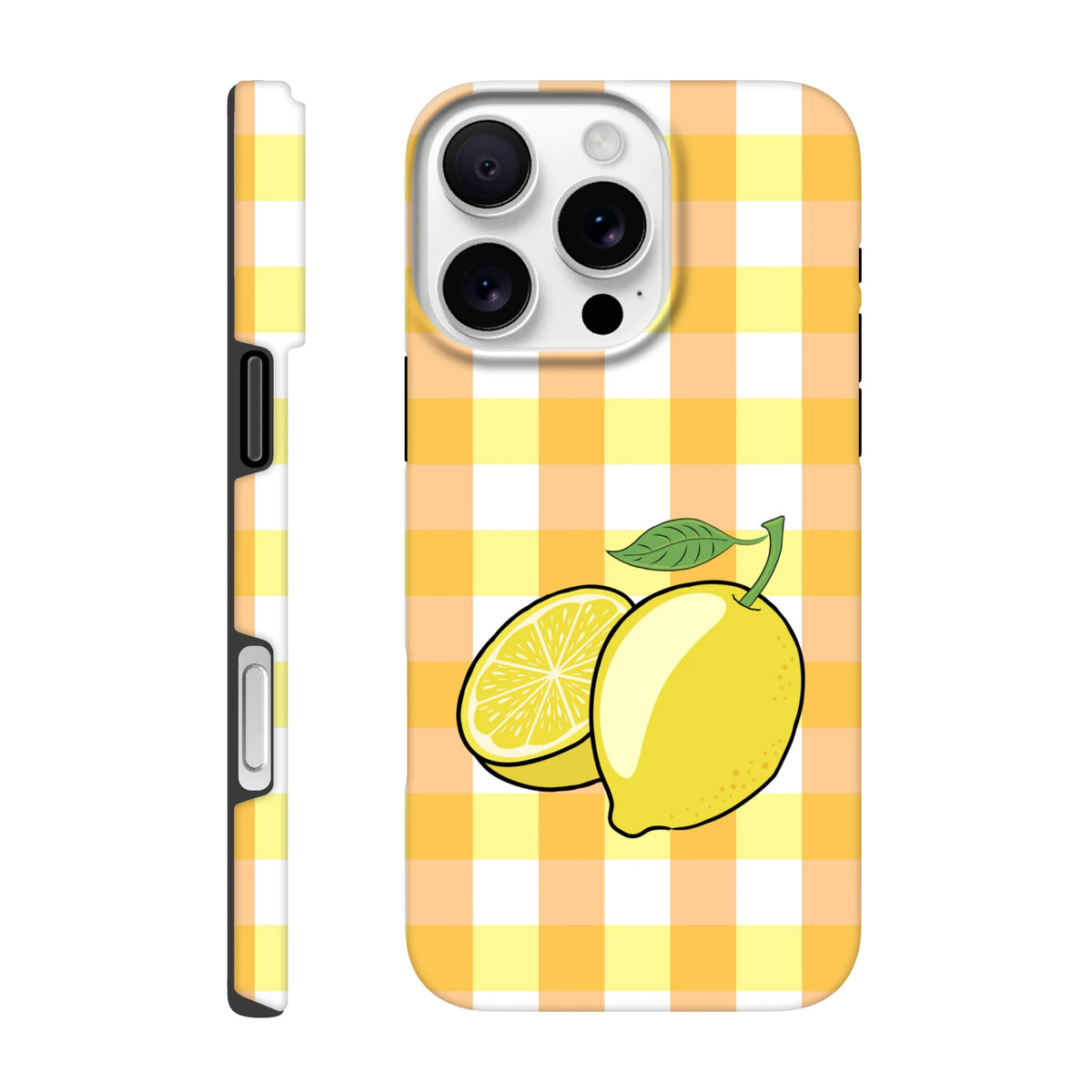 Yellow gingham iPhone case featuring a whole lemon and slice graphic with drop protection for iPhone 13-16 models.