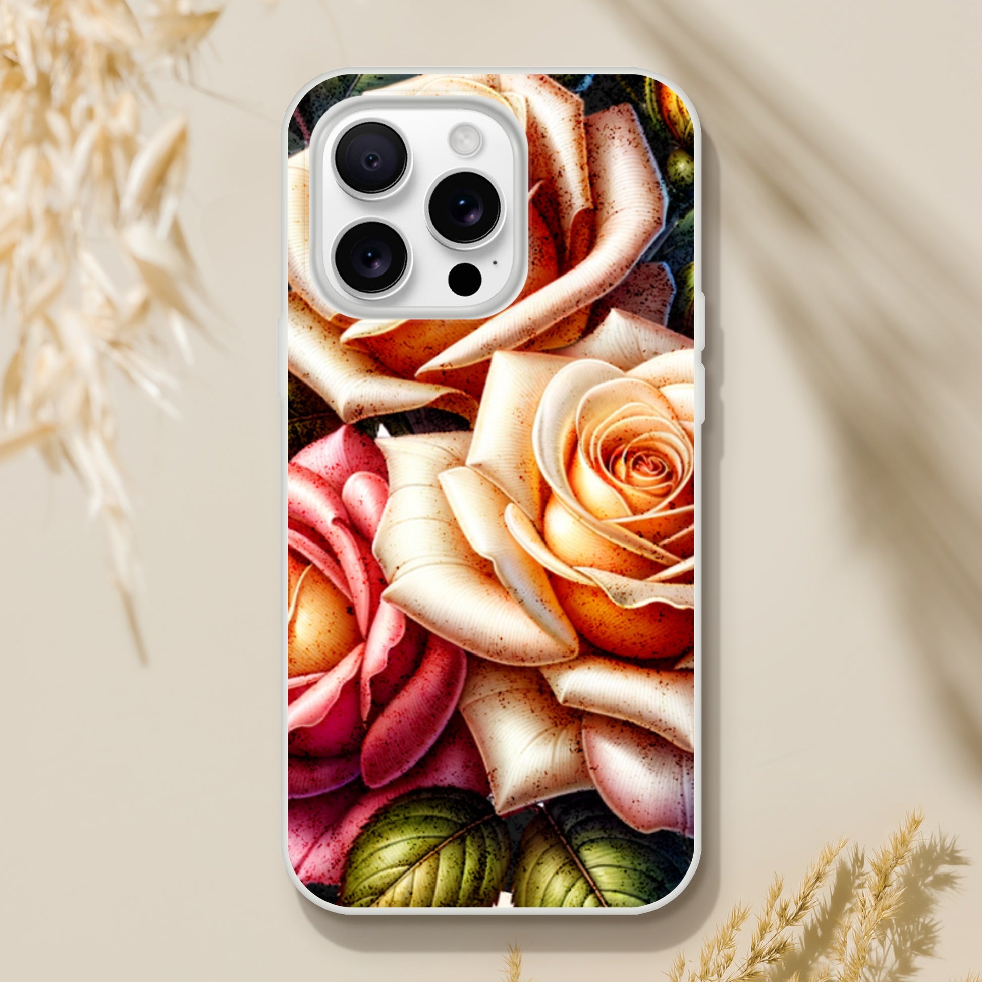 iPhone case with a floral design featuring roses on a light background 20
