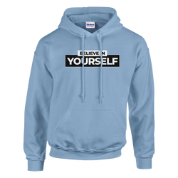 Light blue hoodie with bold BELIEVE IN YOURSELF slogan on chest, cozy women's top.