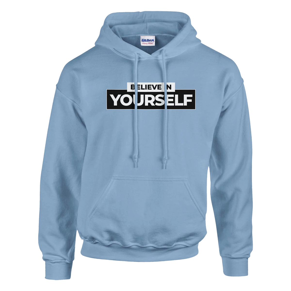 Light blue hoodie with bold BELIEVE IN YOURSELF slogan on chest, cozy women's top.