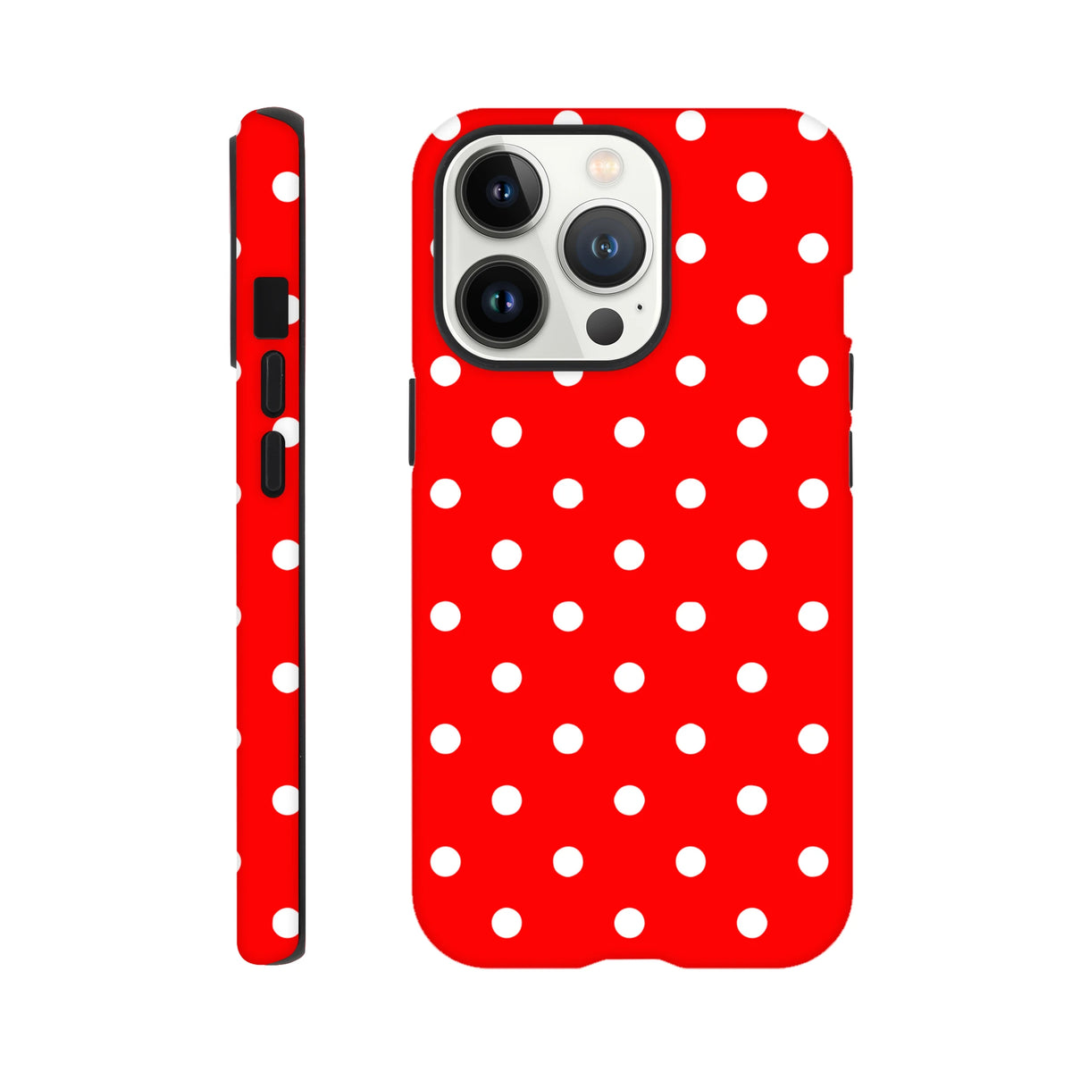 Red and white polka dot tough iPhone case compatible with models 13 through 16. Cute vintage style protective cover with glossy print.