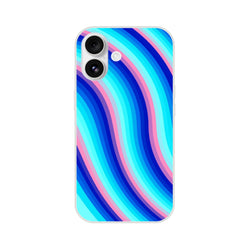 Blue and pink retro wave iPhone 13-16 case with groovy Y2K swirl, slim matte shell.