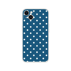Navy blue iPhone case with white polka dots, featuring retro style and shock-absorbing TPU protection for iPhone 13-16.