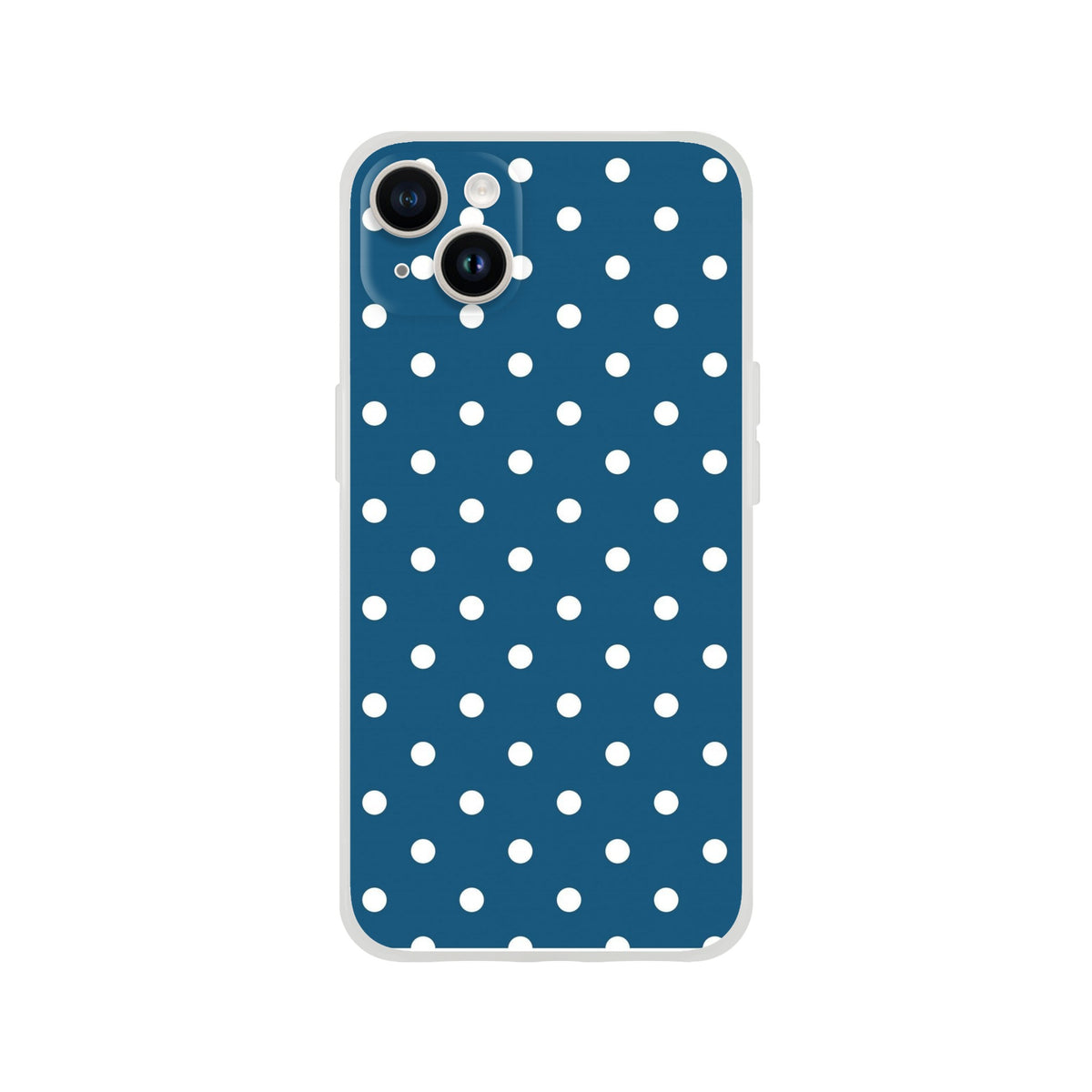 Navy blue iPhone case with white polka dots, featuring retro style and shock-absorbing TPU protection for iPhone 13-16.