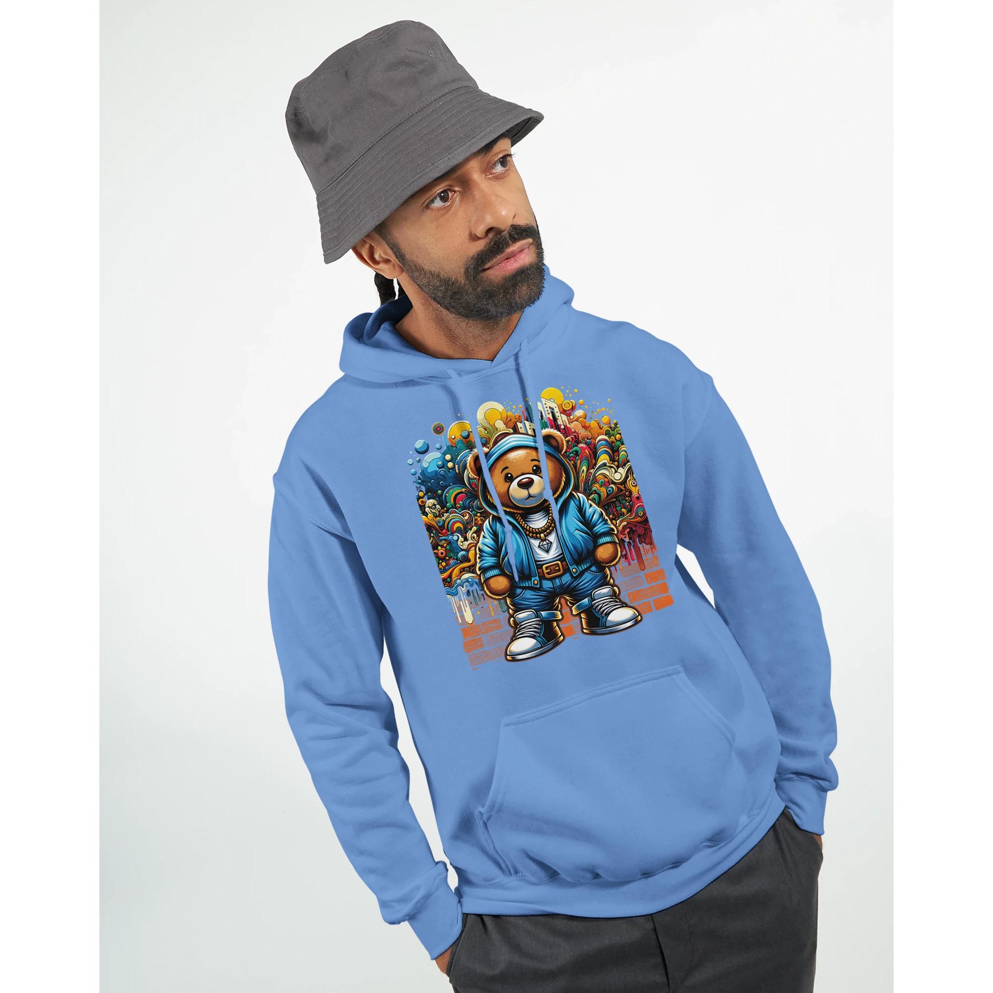 Blue cotton-blend men's urban teddy bear hoodie with bold graphic print