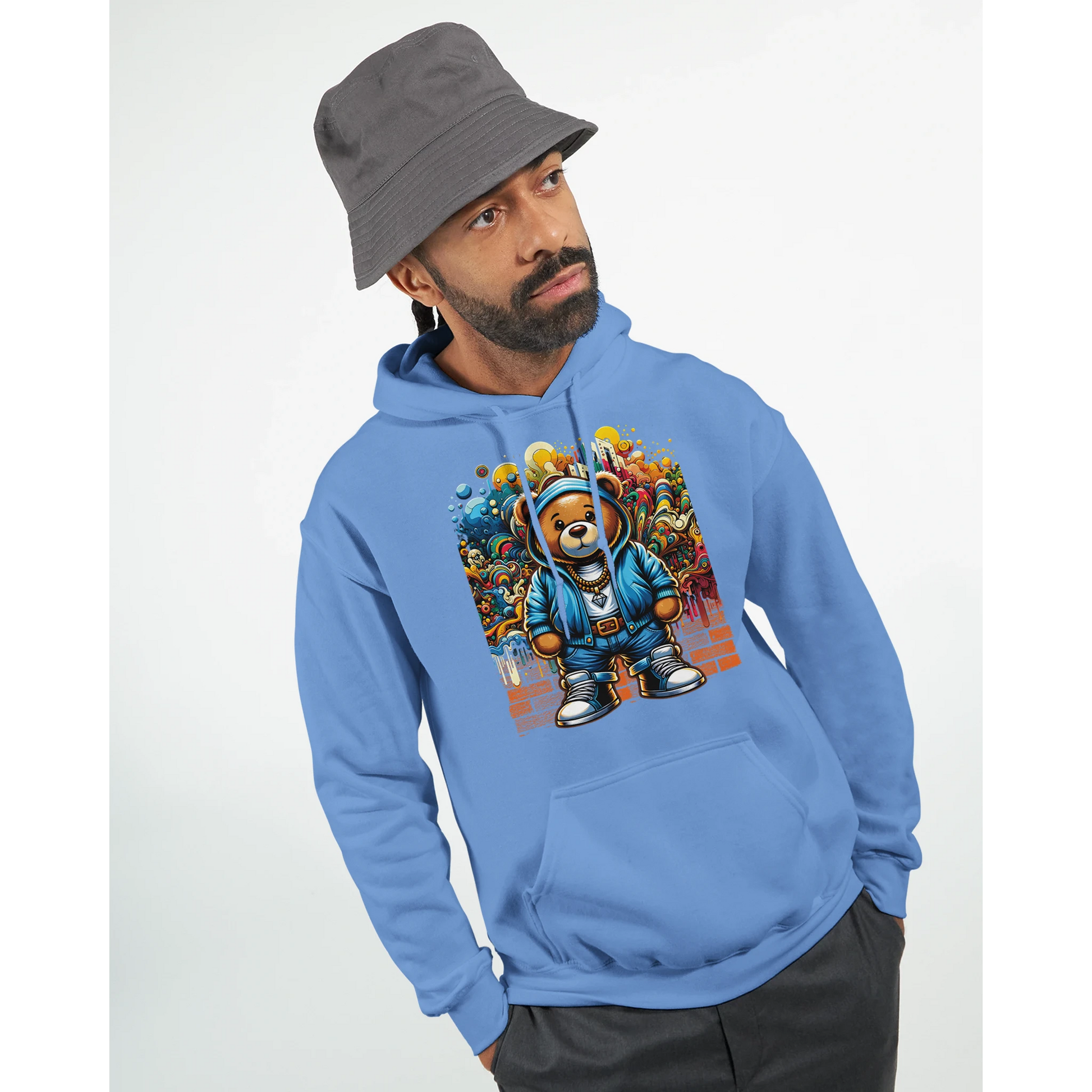 Man wearing a blue men's teddy bear hoodie with a colorful graphic design on a white background. 4