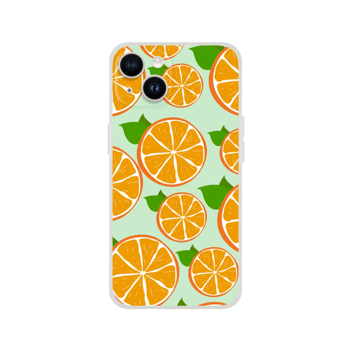iPhone case with orange slice citrus pattern on a mint green background.
