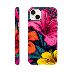 Vibrant pink, orange, and yellow hibiscus floral phone case with dark tropical leaves and seamless wraparound design foriPhone 13-16.