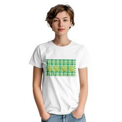 White women's t-shirt featuring lime gingham patch with citrus slices.