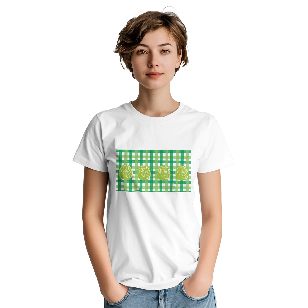 White women's t-shirt featuring lime gingham patch with citrus slices.