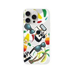 Transparent iPhone case with sticker-style summer beach graphics including palm trees, sunglasses, vintage camera, and tropical cocktails.