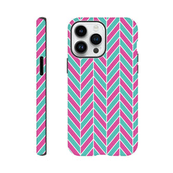 Pink and turquoise herringbone iPhone case featuring a bold geometric chevron pattern and tough protective design for iPhone 13-16 models.
