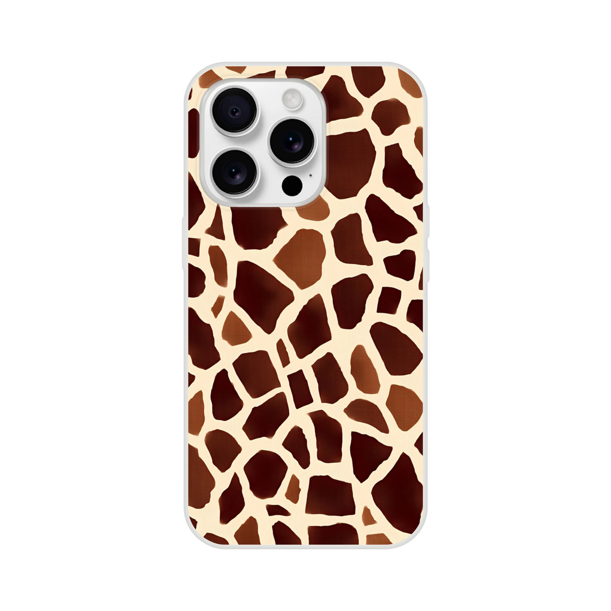 Brown giraffe-print iPhone case for iPhone 13–16 with safari animal design and triple-camera cutout.