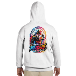 White men's hoodie back displaying colorful Redline graphic with tachometer, palm trees, and checkered flag.