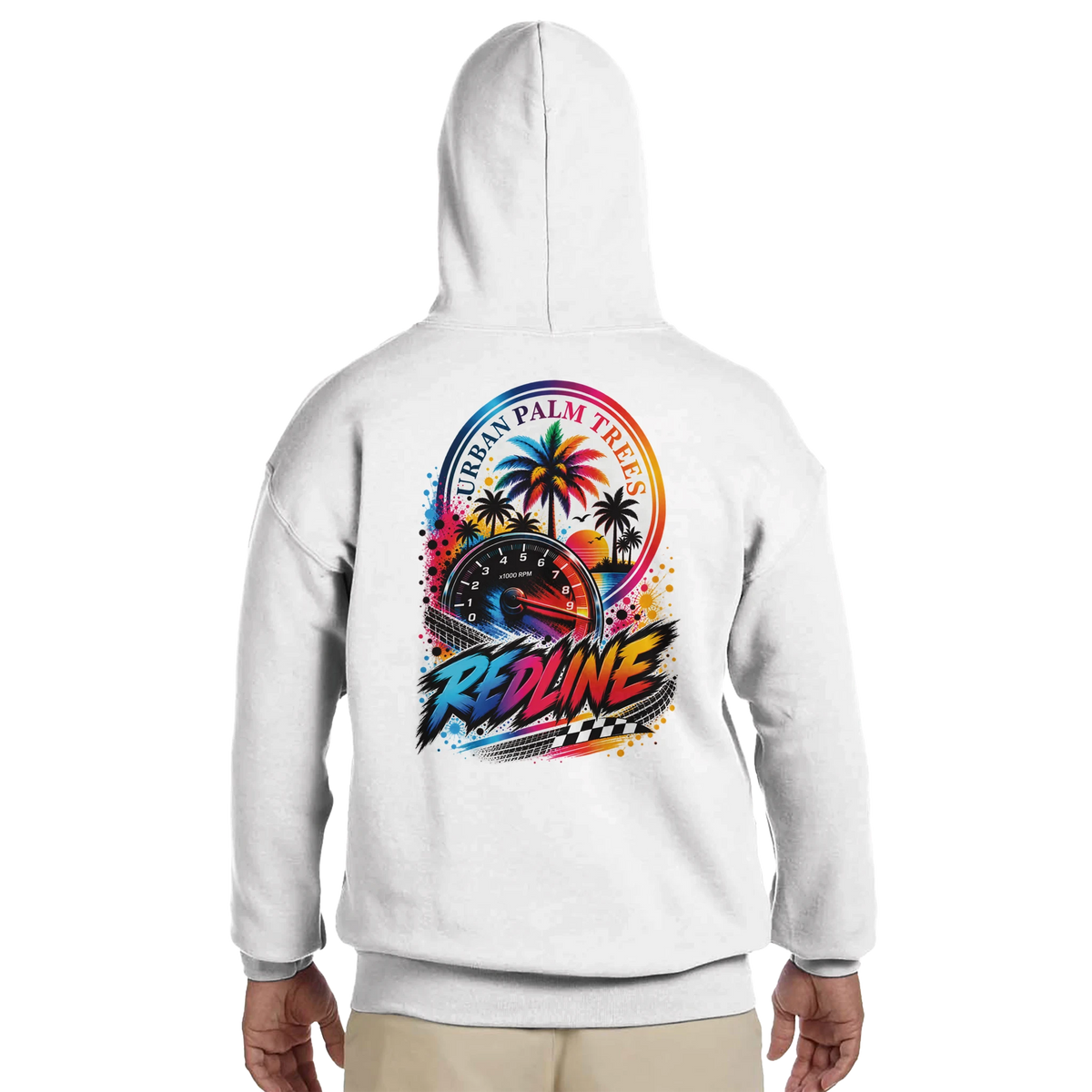 White men's hoodie back displaying colorful Redline graphic with tachometer, palm trees, and checkered flag.