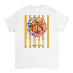 Back of white t-shirt featuring a retro graphic of peaches on yellow stripes inside a circular Manchester, UK emblem.