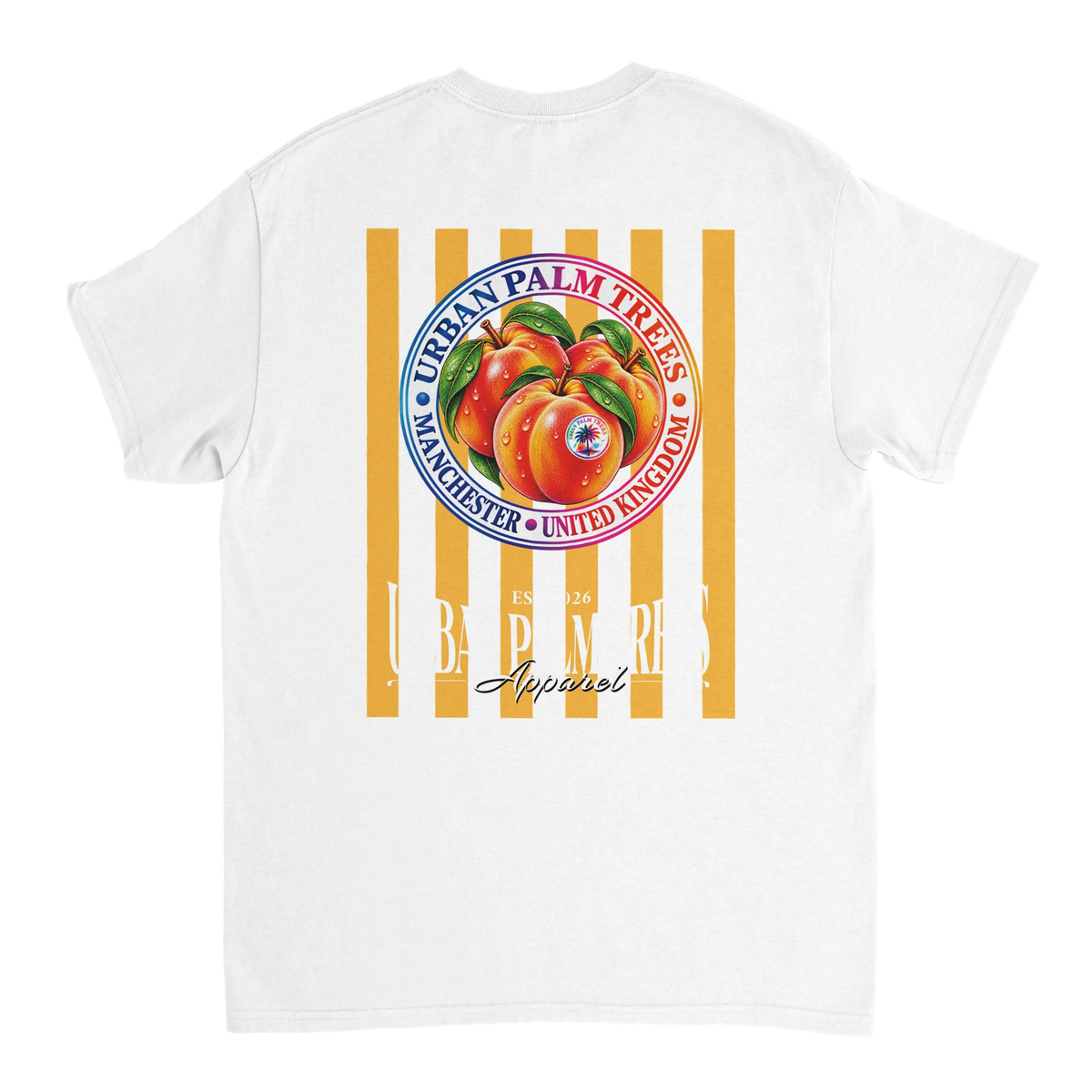 Back of white t-shirt featuring a retro graphic of peaches on yellow stripes inside a circular Manchester, UK emblem.
