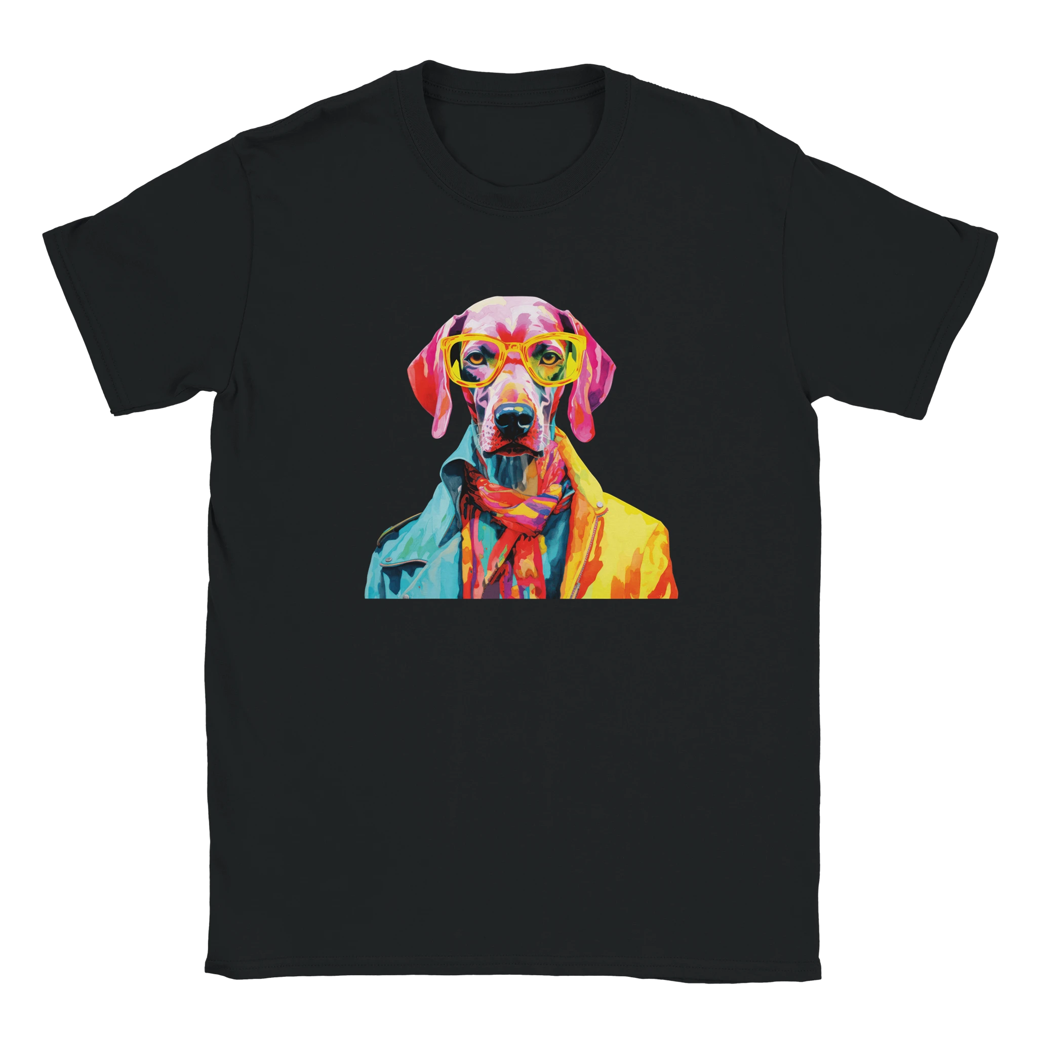 Colorful pop-art dog with yellow glasses wearing a bright jacket on a black T-shirt.
