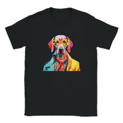 Colorful pop-art dog with yellow glasses wearing a bright jacket on a black T-shirt.