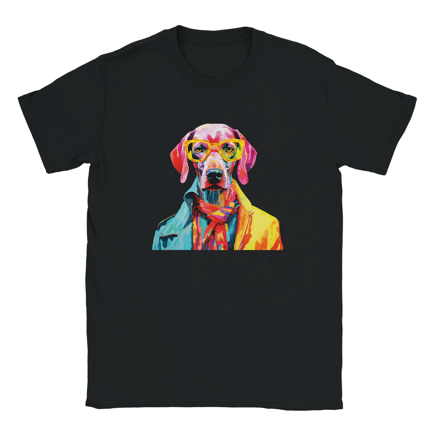 Colorful pop-art dog with yellow glasses wearing a bright jacket on a black T-shirt.