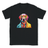 Colorful pop-art dog with yellow glasses wearing a bright jacket on a black T-shirt.