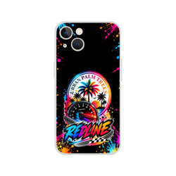 Vibrant Redline car culture iPhone case featuring a tachometer, palm trees, and colorful paint splatter design on a black background.